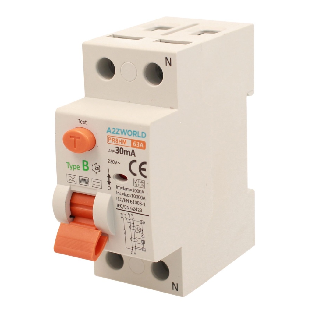 RCCB Interruttore Differenziale Puro Tipo B 1P+N 2M 10000A 30mA 63A AC 230V IP20 IEC61008-1 / IEC62423 PR8HM