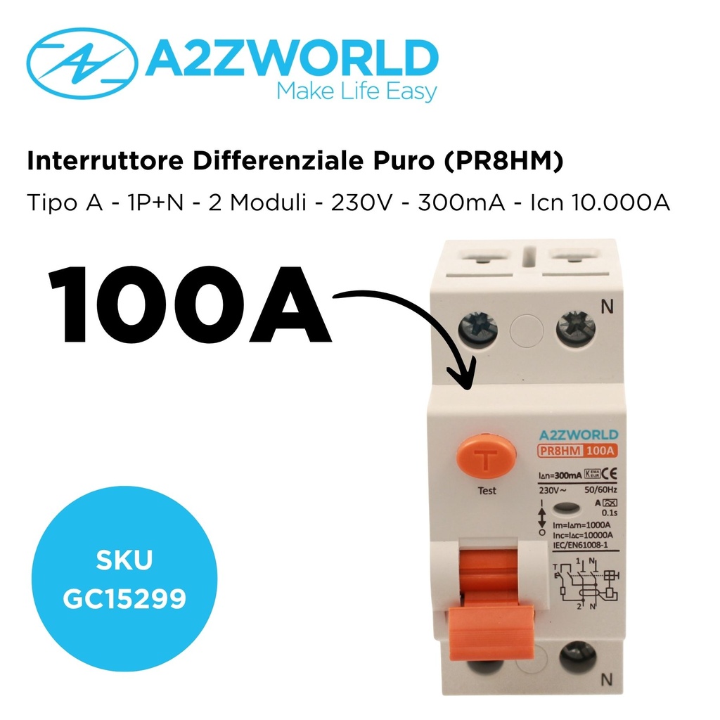 RCCB Interruttore Differenziale Puro Tipo A 1P+N 2M 10000A 300mA 100A AC 230V IP20 IEC61008-1 PR8HM