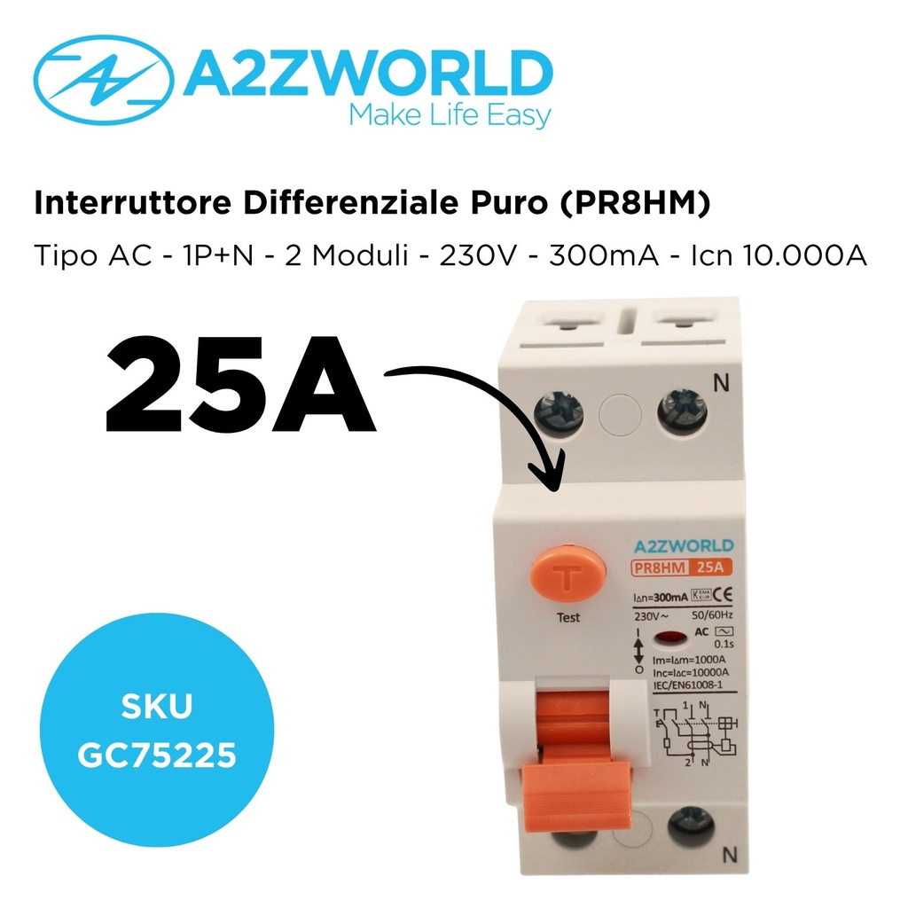RCCB Interruttore Differenziale Puro Tipo AC 1P+N 2M 10000A 300mA 25A AC 230V IP20 IEC61008-1 PR8HM