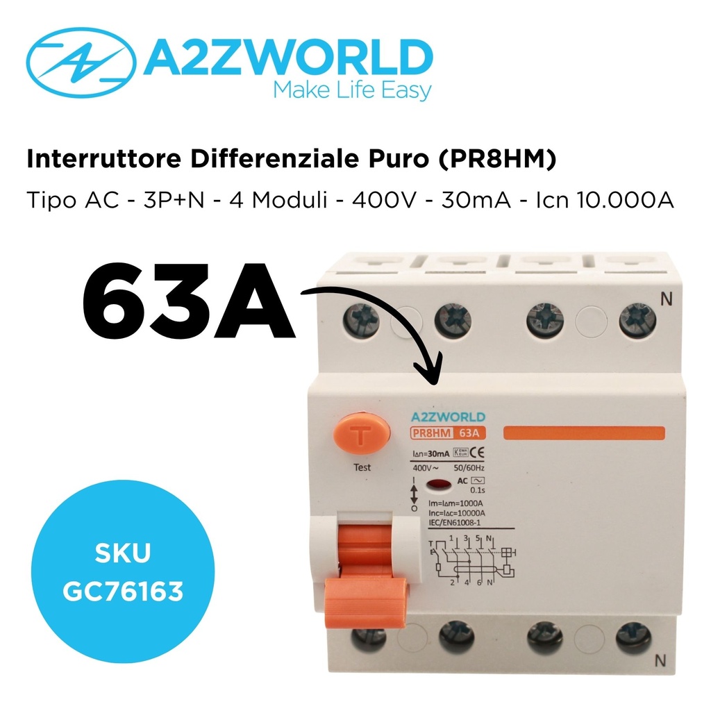RCCB Interruttore Differenziale Puro Tipo AC 3P+N 4M 10000A 30mA 63A AC 400V IP20 IEC61008-1 PR8HM