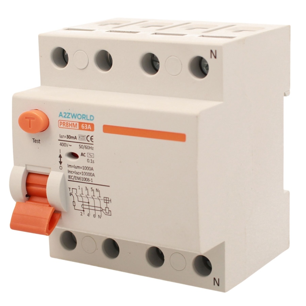 RCCB Interruttore Differenziale Puro Tipo AC 3P+N 4M 10000A 30mA 63A AC 400V IP20 IEC61008-1 PR8HM