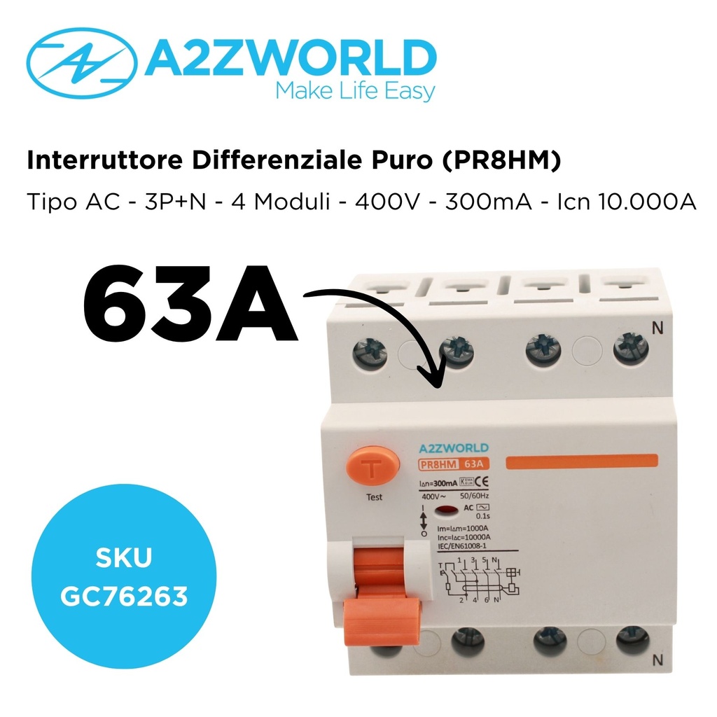 RCCB Interruttore Differenziale Puro Tipo AC 3P+N 4M 10000A 300mA 63A AC 400V IP20 IEC61008-1 PR8HM