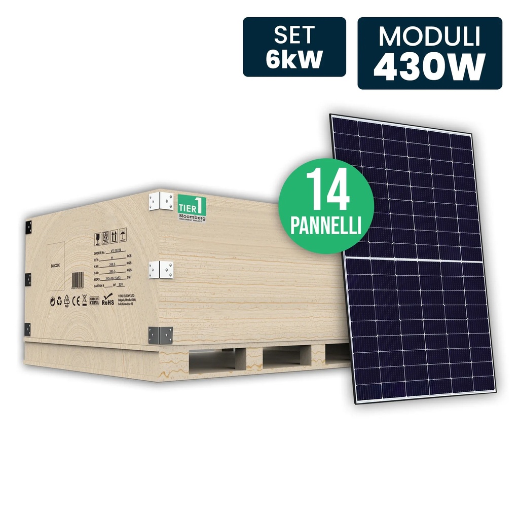 V-TAC Set 6kW con 14 Pannelli 430W TIER-1 TOPCon Black Frame 1722x1134x30mm SKU 119336