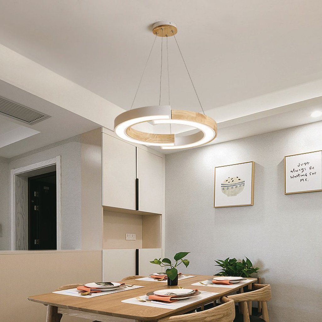Lampadario LED a Sospensione con 2 Mezzaluna 32W in Legno Colore Bianco 43*37*112cm 3000K 