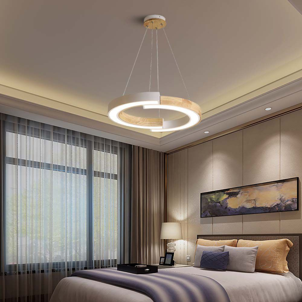 Lampadario LED a Sospensione con 2 Mezzaluna 32W in Legno Colore Bianco 43*37*112cm 3000K 