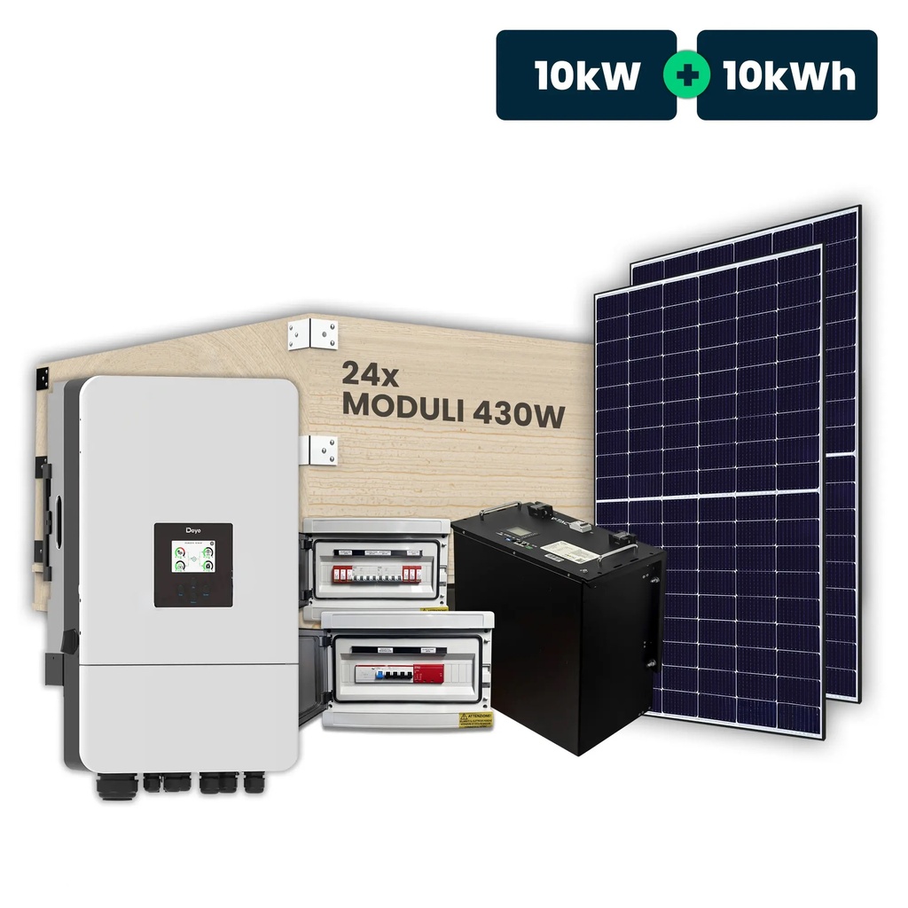 KIT Fotovoltaico Trifase 10kW con Inverter Ibrido, 24 Moduli 400W TIER-1 (9.6kW) Full Black con Accumulo LFP 10kWh e Quadri DC 2/2 e AC 1/1 10kW