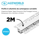 Kit Profilo Alluminio Completo Da 2 Metri Per Striscia Led, Da Incasso Cartongesso Curvabile Con Alette Scomparsa, Dimensione 54.2*12.3mm, Larghezza Interna 12mm, Copertura Opale, Tappi Chiusura e Clip Fissaggio Incluso