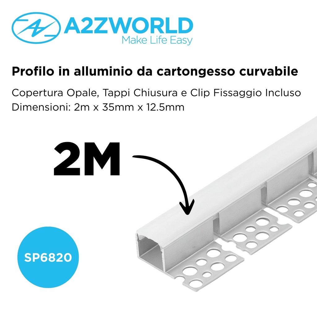 Kit Profilo Alluminio Completo Da 2 Metri Per Striscia Led, Da Incasso Cartongesso Curvabile Un Lato, Dimensione 35*12.5mm, Larghezza Interna 12mm, Copertura Opale, Tappi Chiusura e Clip Fissaggio Incluso