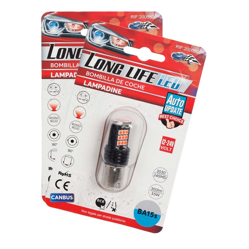 2x Lampada LED BA15s S25 P21W 24 SMD 3030 12V 24V Rossa 300lm H50mm Piedi Dritti
