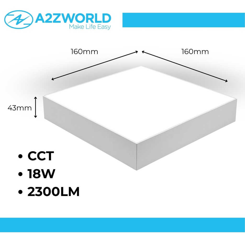 Plafoniera Pannello Led CCT Quadrato 160X160X43mm 18W 2300LM Montaggio a Plafone