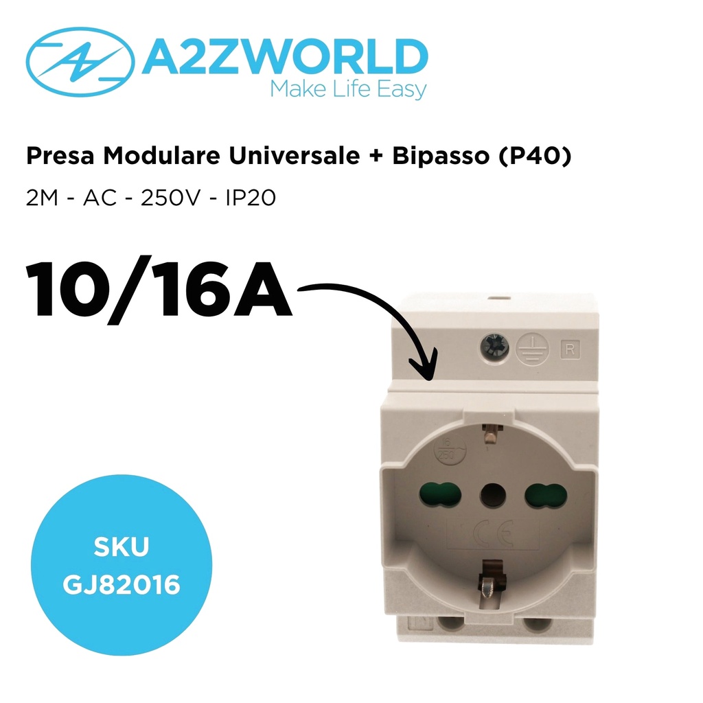 Presa Modulare Universale P40 Schuko + Bipasso Italiano 2M 10/16A AC 250V IP20 IEC60884 AD20IK