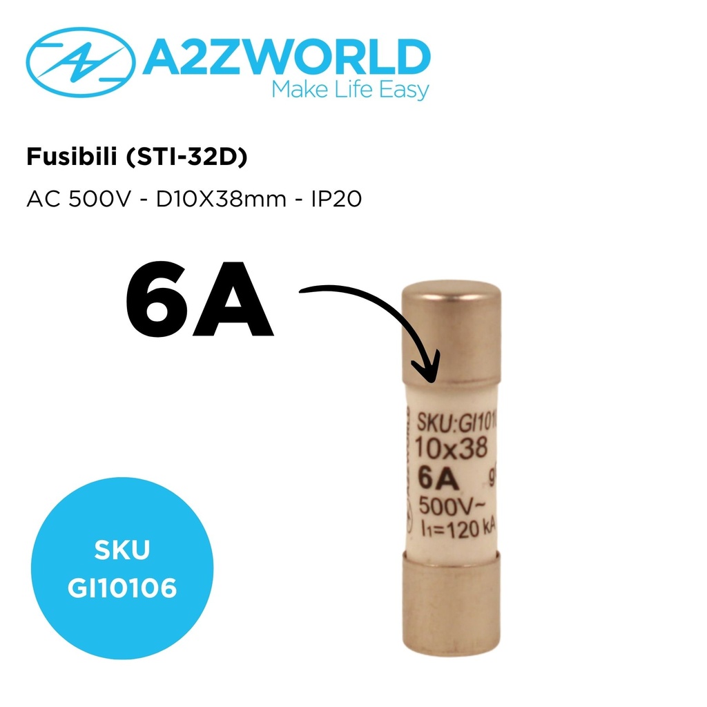 10 Pezzi Fusibili AC 500V AC D10X38mm 6A AC 500V IP20 IEC60269 STI-32D