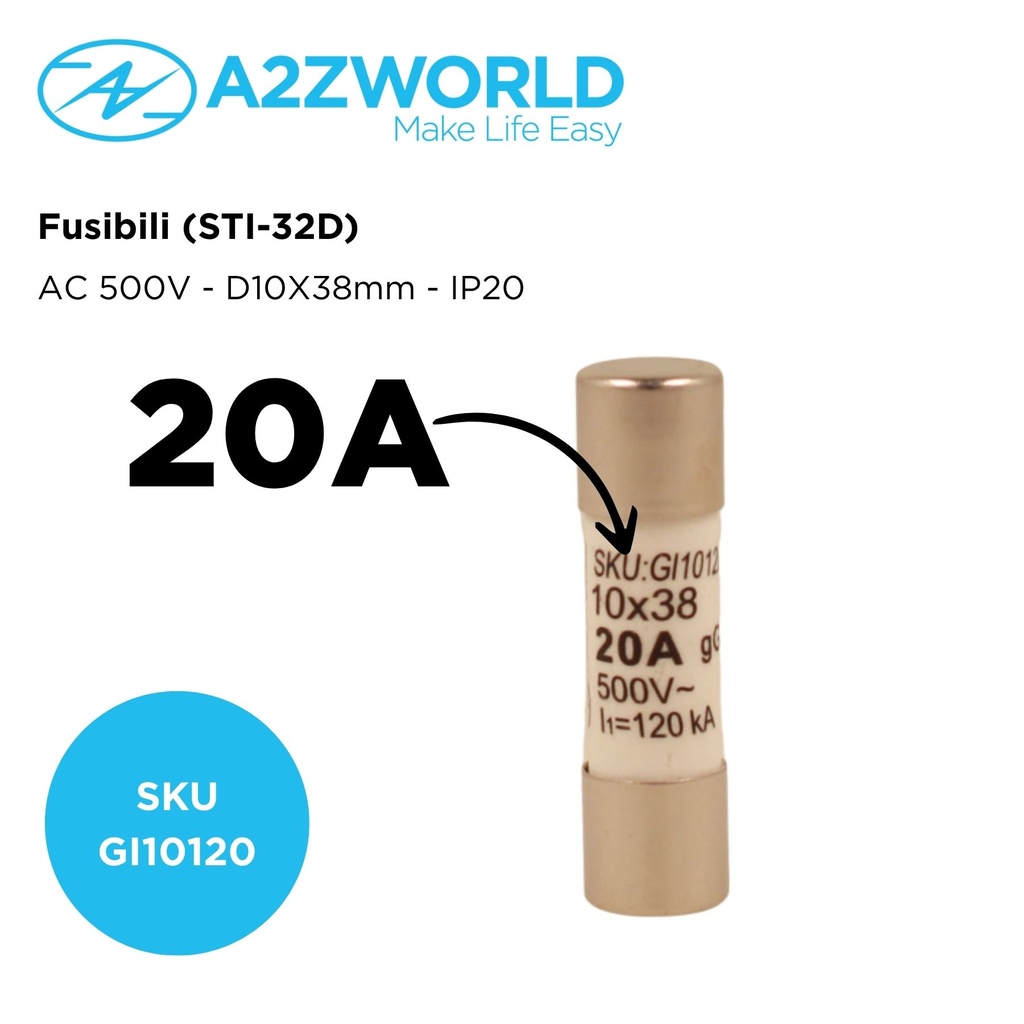 10 Pezzi Fusibili AC 500V AC D10X38mm 20A AC 500V IP20 IEC60269 STI-32D