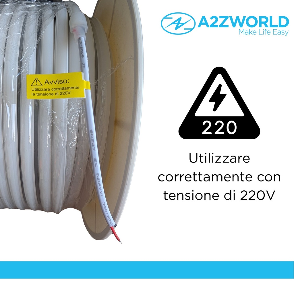 Striscia Led 220V AC IP65 Da 50 Metri, Bianco Caldo 3000K, 10W/M 260LED/M 888LM/M, Tagliabile Ogni 5cm, CRI≥85 10X7mm, Angolo 180°, IP65, Tanti Accessori Inclusi
