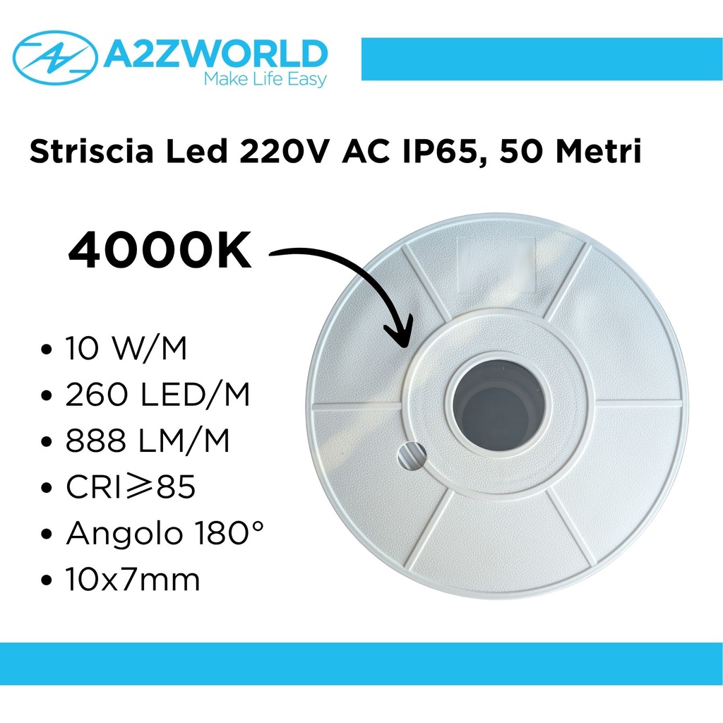 Striscia Led 220V AC IP65 Da 50 Metri, Bianco Neutro 4000K, 10W/M 260LED/M 888LM/M, Tagliabile Ogni 5cm, CRI≥85 10X7mm, Angolo 180°, IP65, Tanti Accessori Inclusi