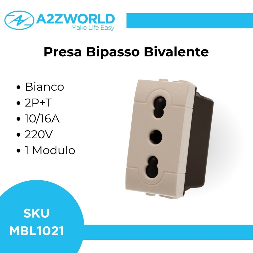 Presa Bipasso Bivalente 2P+T 10/16A 220V MBL Bianco 1M Compatibile Bticino Living BLB2001