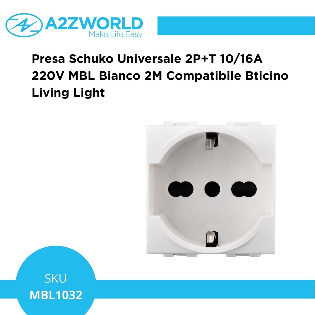 Presa Schuko Universale 2P+T 10/16A 220V MBL Bianco 2M Compatibile Bticino Living Light BLB2102
