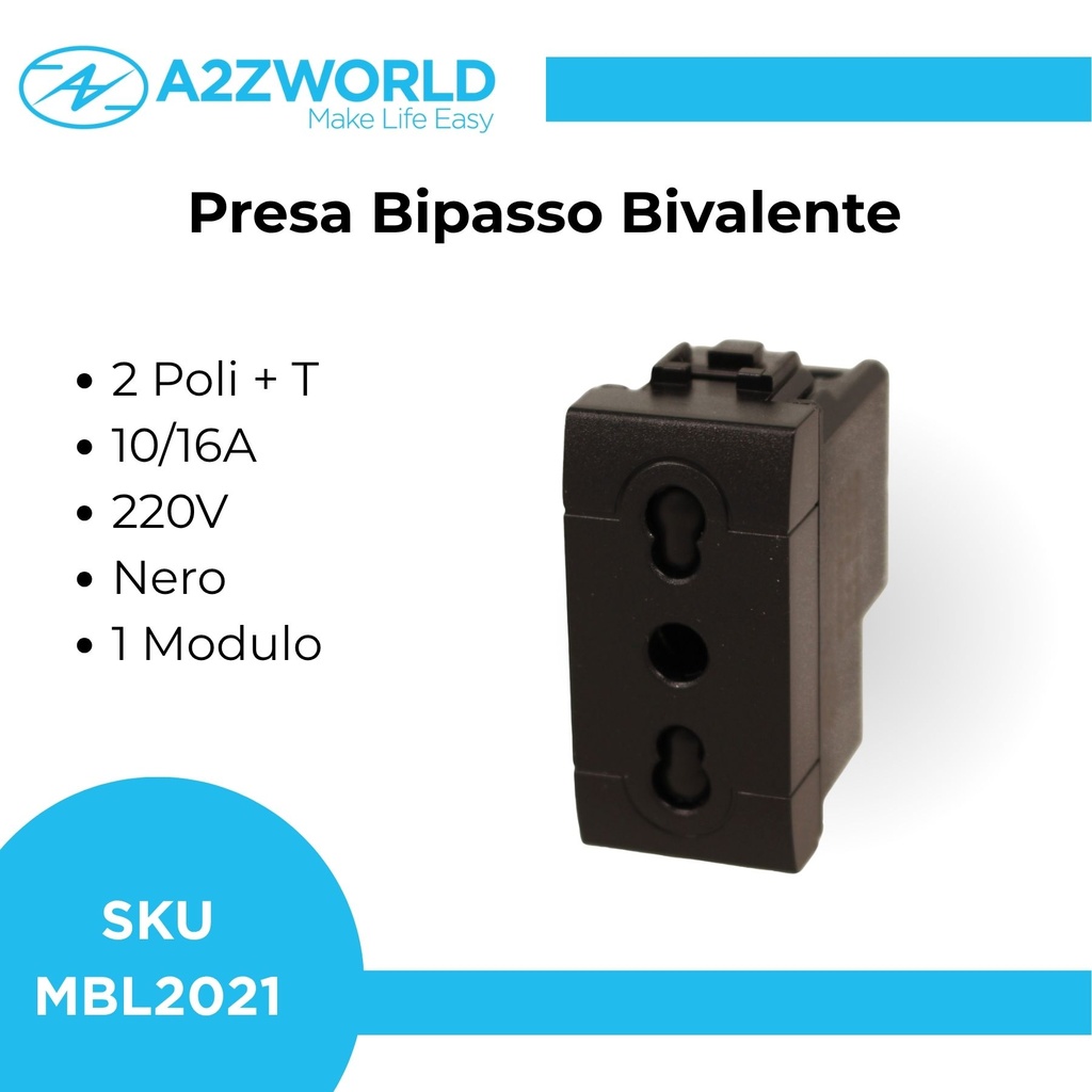 Presa Bipasso Bivalente 2P+T 10/16A 220V MBL Nero 1M Compatibile Bticino Living BLN2001