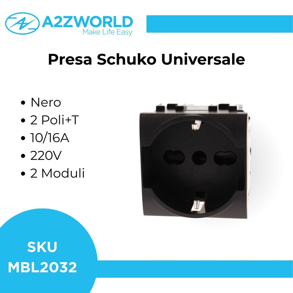 Presa Schuko Universale 2P+T 10/16A 220V MBL Nero 2M Compatibile Bticino Living BLN2102