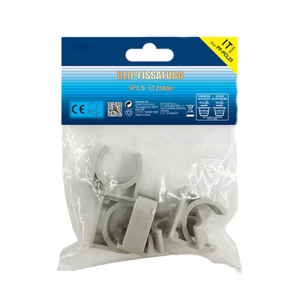 5 Pezzi Clip Fissatubo A Scatto Diametro 25mm per Tubo Rigido e Flessibile da 25mm Colore Grigio IP40