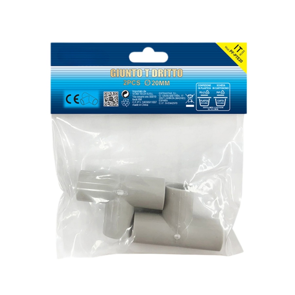 2 Pezzi Manicotto Giunto Raccordo Forma T 20mm per Tubo Rigido e Flessibile da 20mm Colore Grigio IP40