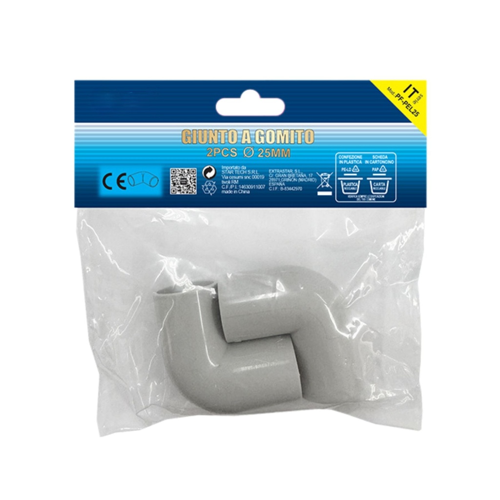 2 Pezzi Manicotto Giunto Raccordo Forma L 90° 25mm per Tubo Rigido e Flessibile da 25mm Colore Grigio IP40