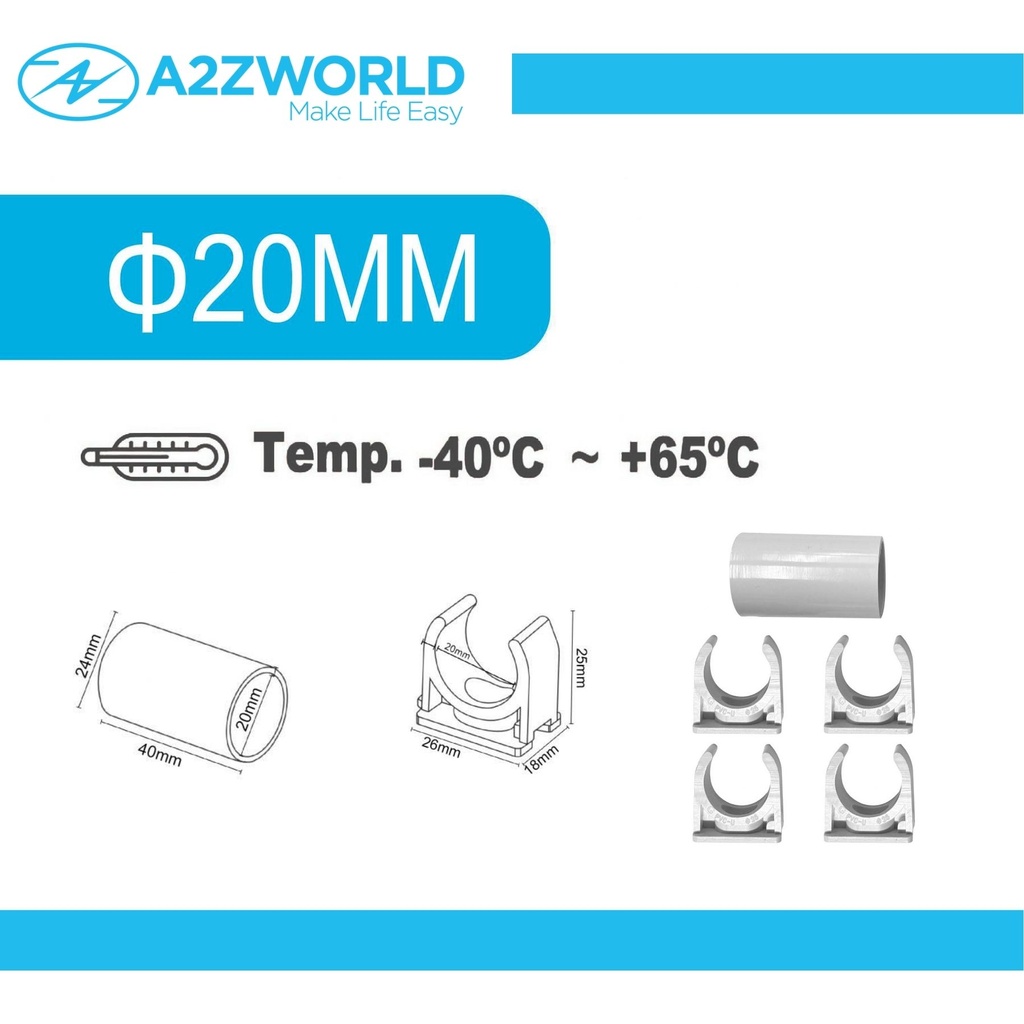 Kit 5 Accessori Per Tubo Rigido e Flessibile Da 20mm, 4 Clip Fissatubo A Scatto + 1 Giunto Raccordo Lineare, Colore Bianco IP40