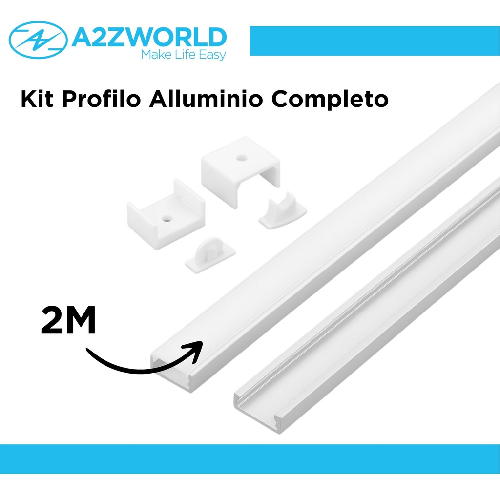 Kit Profilo Alluminio Completo Da 2 Metri Per Striscia Led, Standard Colore Bianco, Dimensione 17.4X7mm, Larghezza Interna 12.4mm, 115g/m, Copertura Opale, Tappi Chiusura e Clip Fissaggio Incluso, BAV3365 BAZ1707W