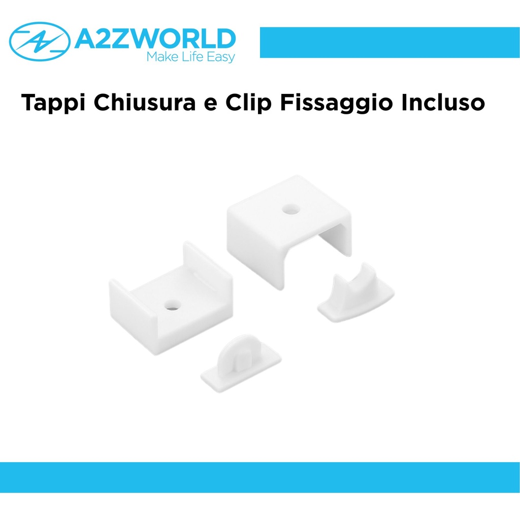 Kit Profilo Alluminio Completo Da 2 Metri Per Striscia Led, Standard Colore Bianco, Dimensione 17.4X7mm, Larghezza Interna 12.4mm, 115g/m, Copertura Opale, Tappi Chiusura e Clip Fissaggio Incluso, BAV3365 BAZ1707W