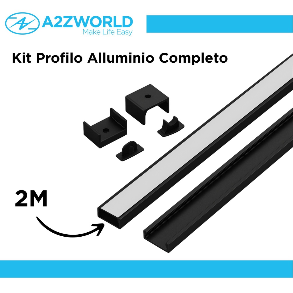Kit Profilo Alluminio Completo Da 2 Metri Per Striscia Led, Standard Colore Nero, Dimensione 17.4X7mm, Larghezza Interna 12.4mm, 115g/m, Copertura Opale, Tappi Chiusura e Clip Fissaggio Incluso,BAV2873 BAZ1707B