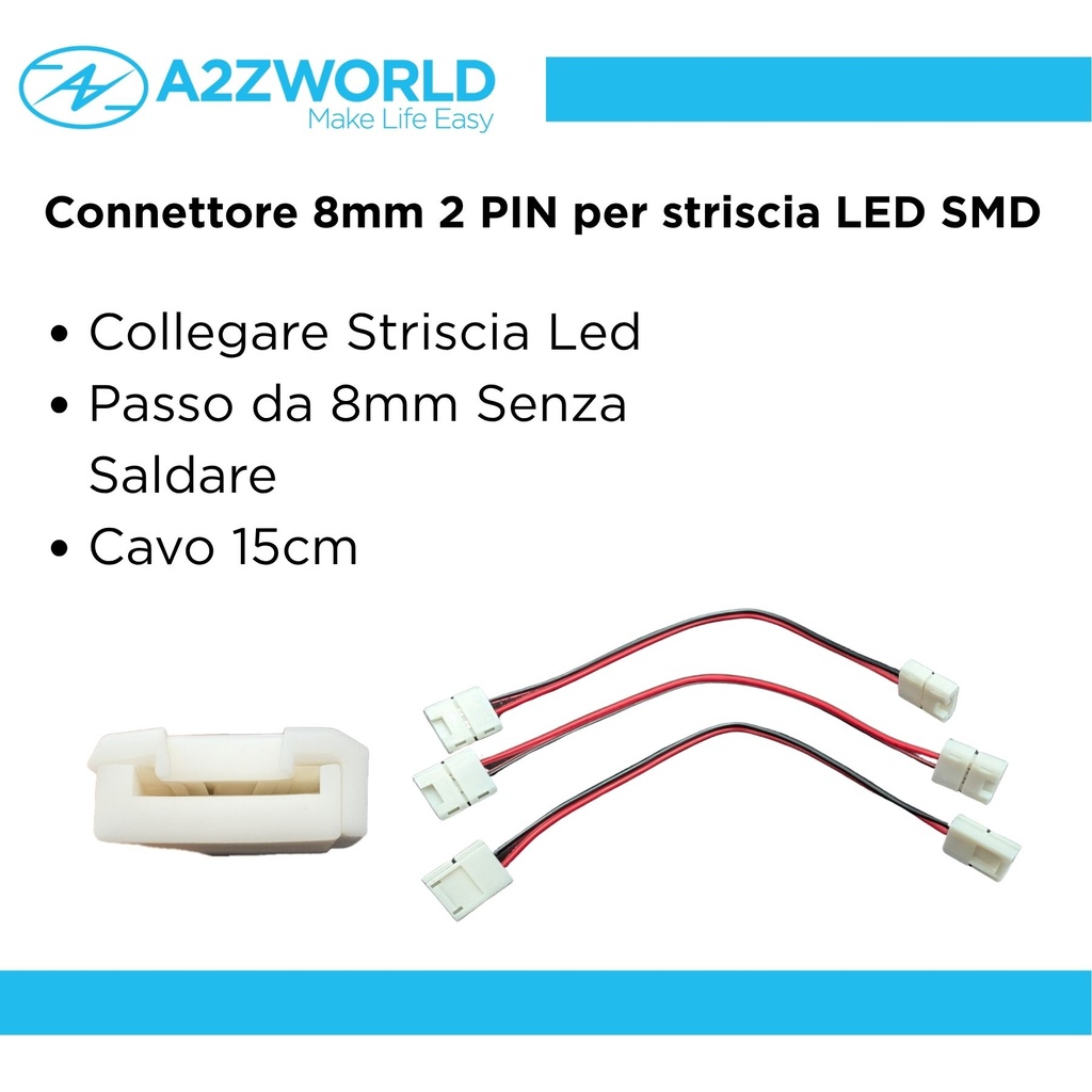 3 Pezzi Connettore 8mm 2 PIN, Per Collegare 2 Striscia Led Smd con Passo da 8mm Senza Saldare, Cavo 15cm