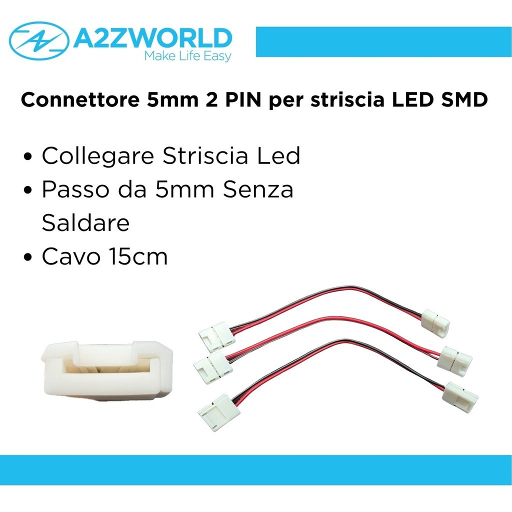 3 Pezzi Connettore 5mm 2 PIN, Per Collegare 2 Striscia Led Smd con Passo da 5mm Senza Saldare, Cavo 15cm