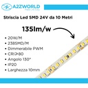 24V Striscia Led SMD Da 10 Metri, 20W/M 135lm/W 238SMD/M, Bianco Freddo 6500K, Larga 10mm, Dimmerabile PWM, Tagliabile ogni 7 smd da 29mm, IP20, CRI>80