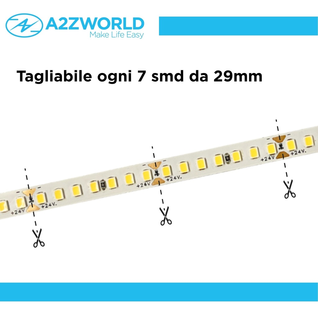 24V Striscia Led SMD Da 10 Metri, 20W/M 135lm/W 238SMD/M, Bianco Freddo 6500K, Larga 10mm, Dimmerabile PWM, Tagliabile ogni 7 smd da 29mm, IP20, CRI>80