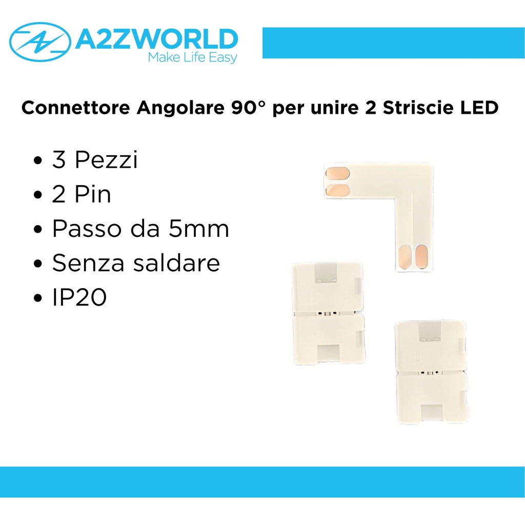 3 Pezzi Connettore 5mm Angolare 90° 2 PIN, Per Curvare 2 Striscie Led Smd con Passo da 5mm Senza Saldare