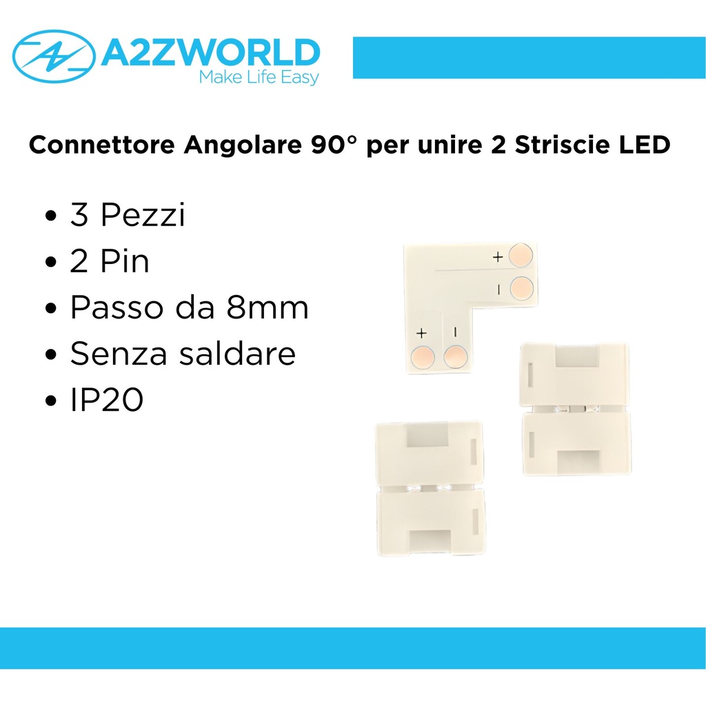 3 Pezzi Connettore 8mm Angolare 90° 2 PIN, Per Curvare 2 Striscie Led Smd con Passo da 8mm Senza Saldare
