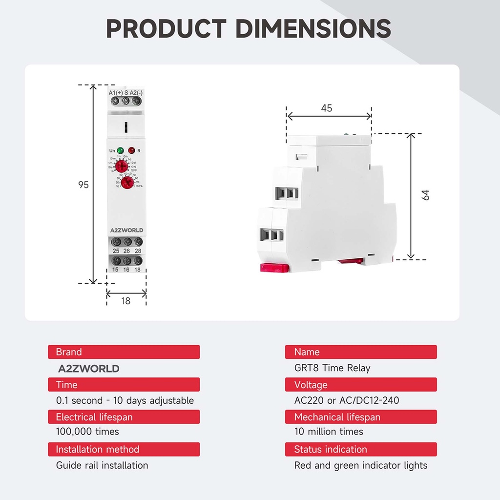 Relè Passo Passo Silenzioso, Relè Temporizzatore Modulare (0.1S-10D), 2 Funzione in Unico Relay, 1 Modulo Barra DIN, AC/DC12-240V, 2X16A, Funzione DC/AC 12V 24V 220V GRT8