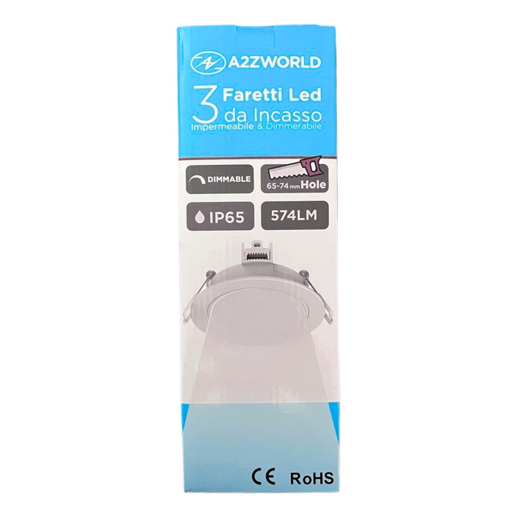 3 Faretti LED da Incasso Dimmerabili 5W 220V Rotondi Bianchi 6500K D87mm H36mm Foro 70mm IP65
