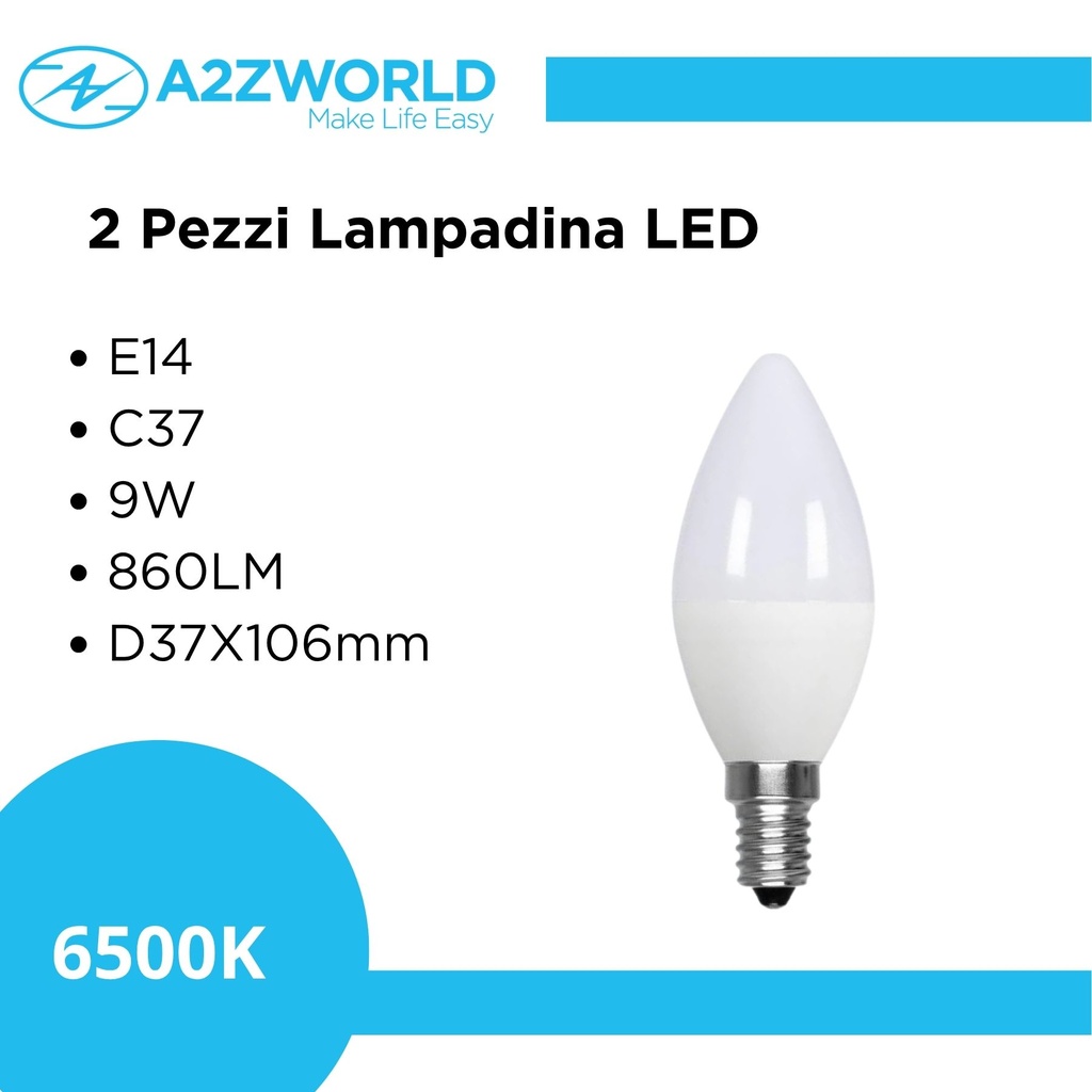 2 Pezzi Lampada A Led, Lampadina E14 C37 9W 860LM Bianco Freddo 6500K D37X106mm