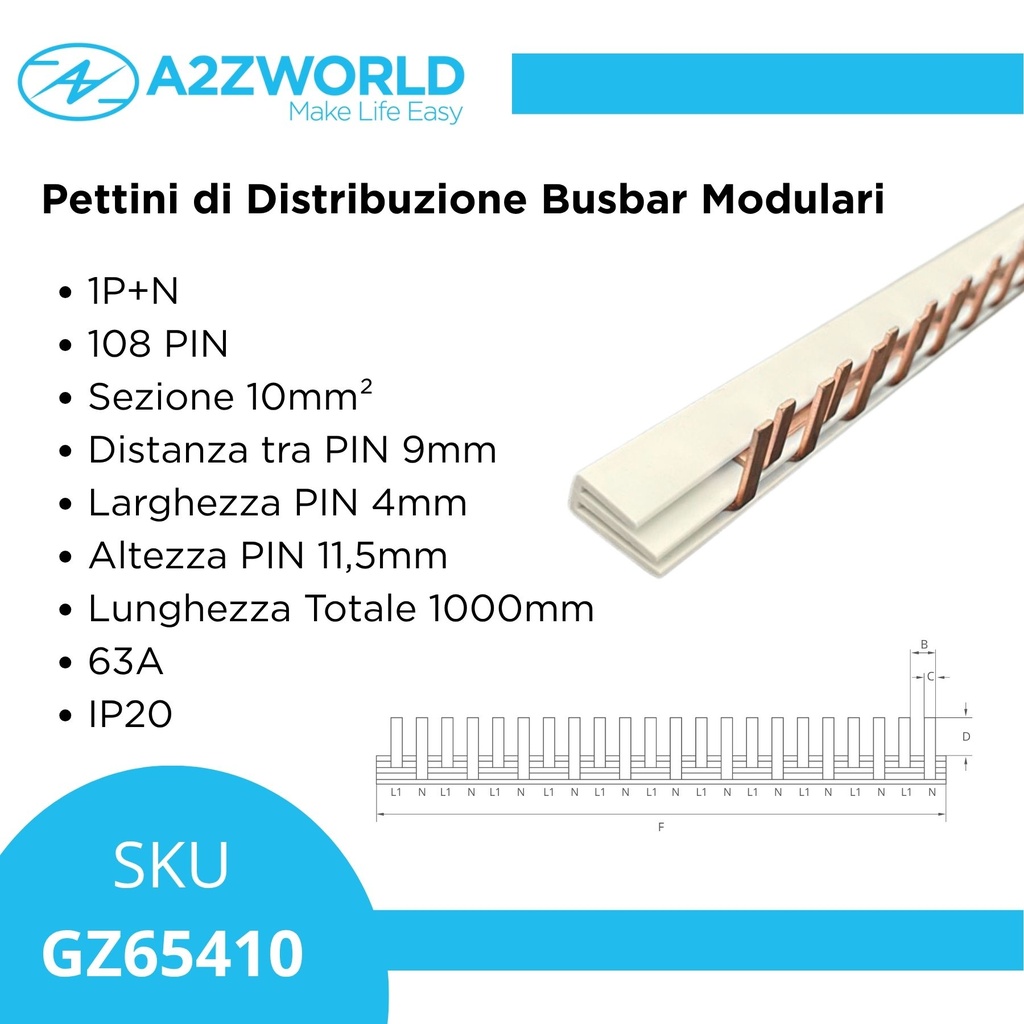 Pettine di Distribuzione Busbar Modulari 1P+N, 108 PIN, Sezione 10mm², Distanza tra PIN 9mm, Larghezza PIN 4mm, Altezza PIN 11,5mm, Lunghezza Totale 1000mm 63A IP20