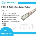 Pettine di Distribuzione Busbar Modulari 3P+N, 12 PIN, Sezione PIN 10mm², Distanza tra PIN 17,8mm, Larghezza PIN 4mm, Altezza PIN 11,5mm, Lunghezza Totale 210mm, 63A IP20