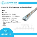 Pettine di Distribuzione Busbar Modulari, 4P, 12 PIN, Sezione PIN 10mm², Distanza tra PIN 17,8mm, Larghezza PIN 4mm, Altezza PIN 11,5mm, Lunghezza Totale 210mm, 63A IP20