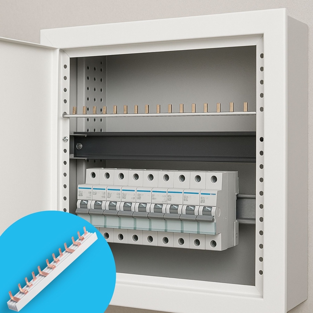 Pettine di Distribuzione Busbar Modulari, 4P, 12 PIN, Sezione PIN 10mm², Distanza tra PIN 17,8mm, Larghezza PIN 4mm, Altezza PIN 11,5mm, Lunghezza Totale 210mm, 63A IP20