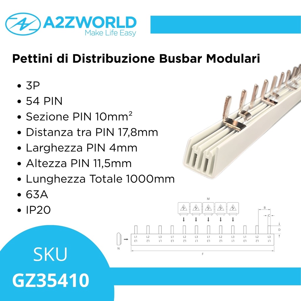 Pettine di Distribuzione Busbar Modulari, 3P, 54 PIN, Sezione PIN 10mm², Distanza tra PIN 17,8mm, Larghezza PIN 4mm, Altezza PIN 11,5mm, Lunghezza Totale 1000mm, 63A IP20