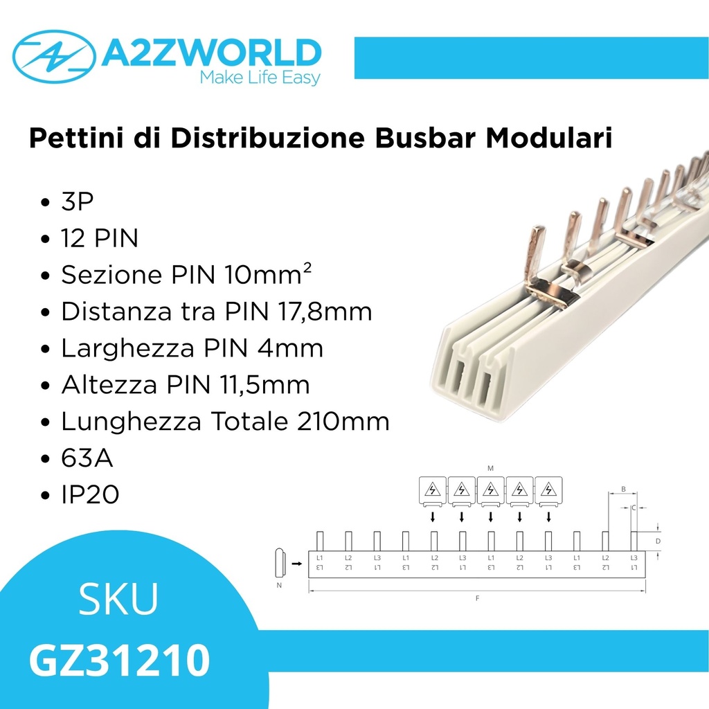 Pettine di Distribuzione Busbar Modulari, 3P, 12 PIN, Sezione PIN 10mm², Distanza tra PIN 17,8mm, Larghezza PIN 4mm, Altezza PIN 11,5mm, Lunghezza Totale 210mm, 63A IP20