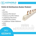 Pettine di Distribuzione Busbar Modulari, 2P, 54 PIN, Sezione PIN 10mm², Distanza tra PIN 17,8mm, Larghezza PIN 4mm, Altezza PIN 11,5mm, Lunghezza Totale 1000mm, 63A IP20