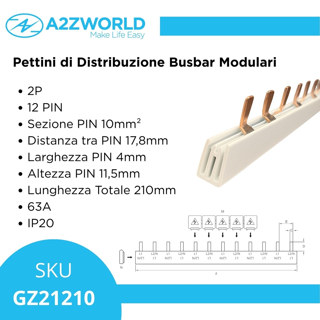 Pettine di Distribuzione Busbar Modulari, 2P, 12 PIN, Sezione 10mm², Distanza tra PIN 17,8mm, Larghezza del PIN 4mm, Altezza del PIN 11,5mm, Lunghezza Totale 210mm, 63A IP20