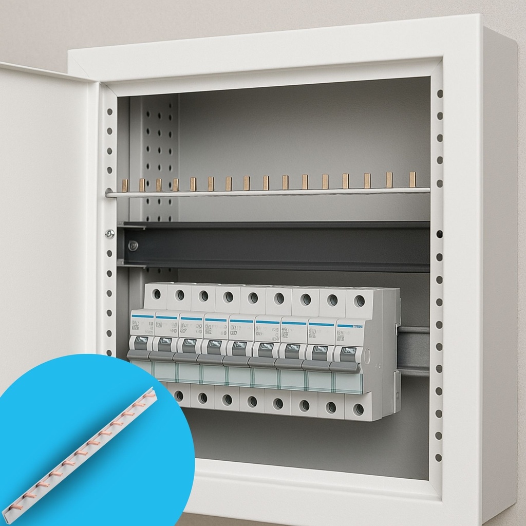 Pettine di Distribuzione Busbar Modulari, 1P, 54 PIN, Sezione PIN 10mm², Distanza tra PIN 17,8mm, Larghezza del PIN 4mm, Altezza del PIN 11,5mm Lunghezza Totale 1000mm 63A IP20