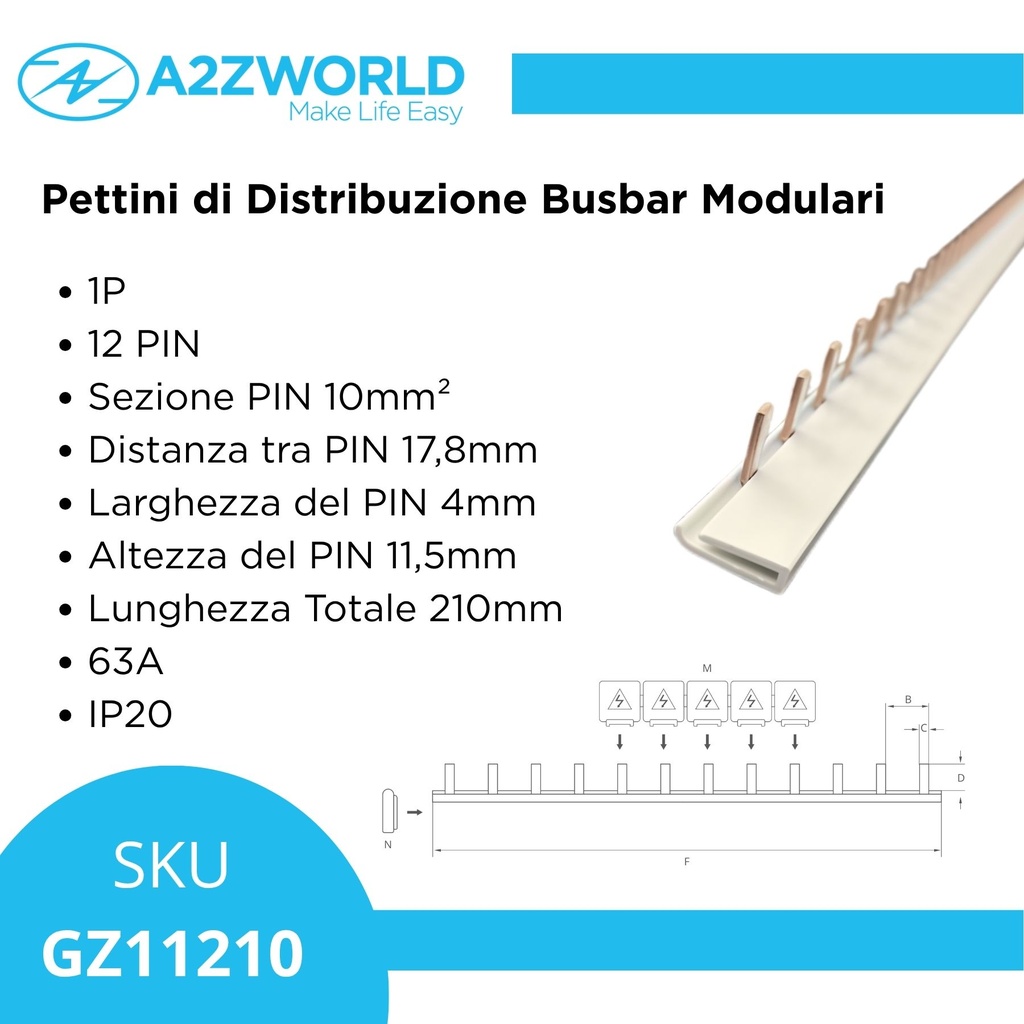 Pettine di Distribuzione Busbar Modulari, 1P, 12 Pin, Sezione 10mm², Distanza Pin 17,8mm, Larghezza Pin 4mm, Altezza Pin 11,5mm, Lunghezza Totale 210mm, 63A IP20