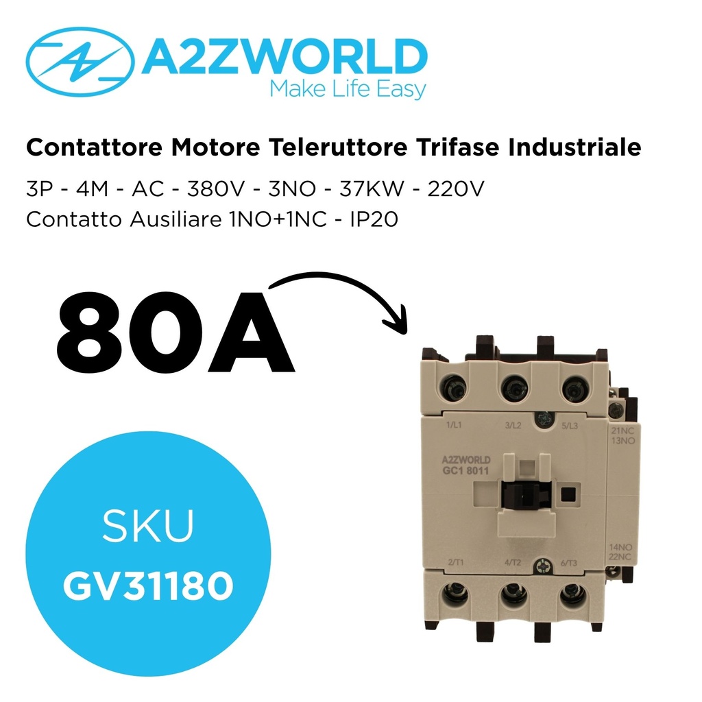 Contattore Motore 3P 4M, Teleruttore Trifase Industriale AC 380V 3NO, 80A 37KW, Bobina 220V AC, Contatto Ausiliare 1NO+1NC, IP20 IEC60947-4-1